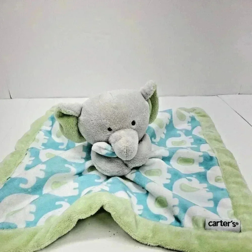 Carter's Green and Blue Elephant Snuggly Lovey Blanket 13"x13" - Picture 1 of 5
